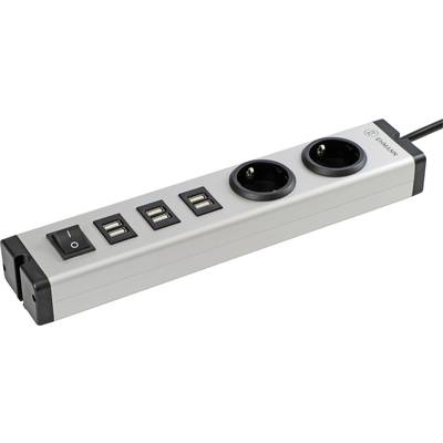 'Elegant power strip with two plug sockets, four USB ports and an on/off switch, perfect for office applications.'