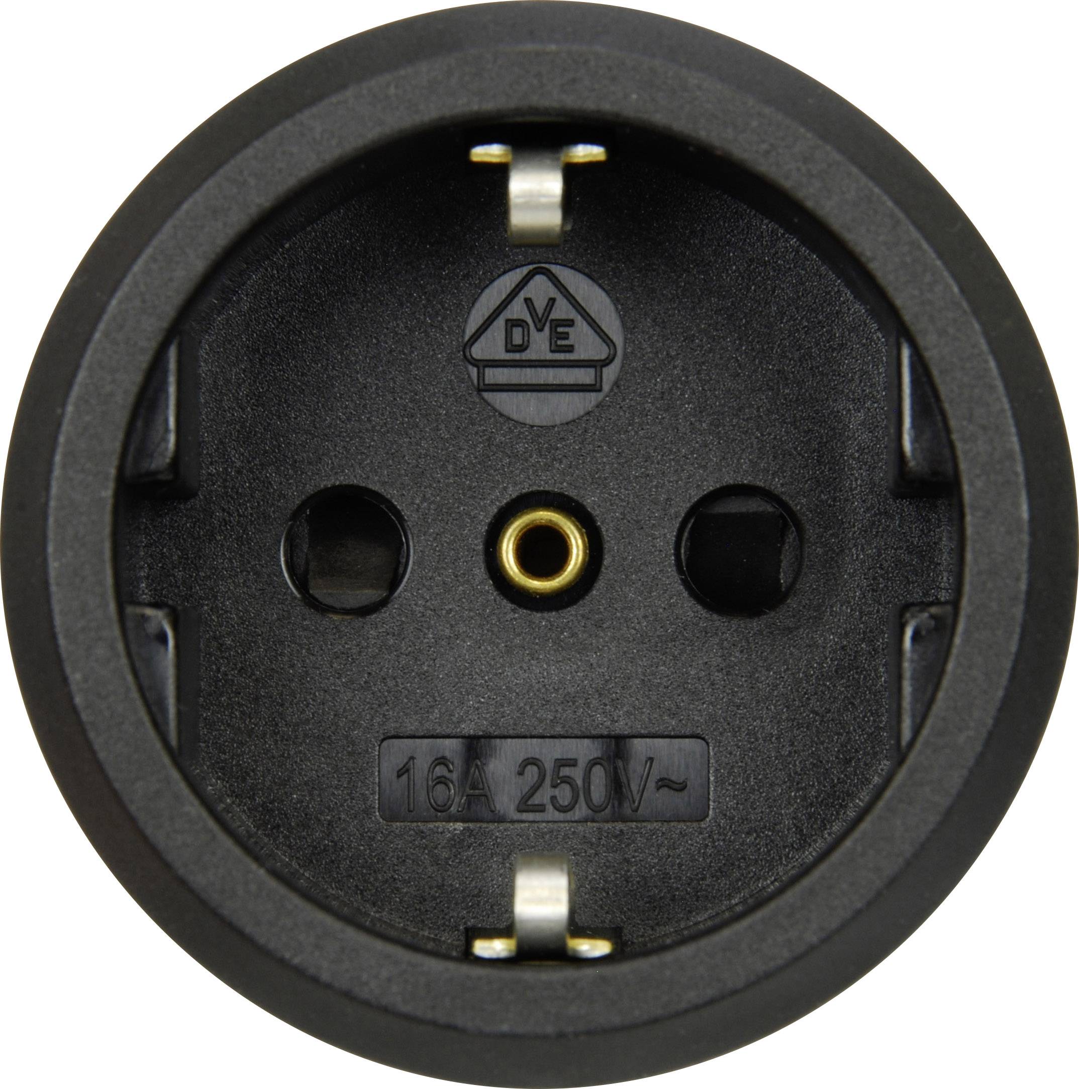 Close-up of a European earthed socket with two round openings and earth pin. Suitable for 16A, 250V.