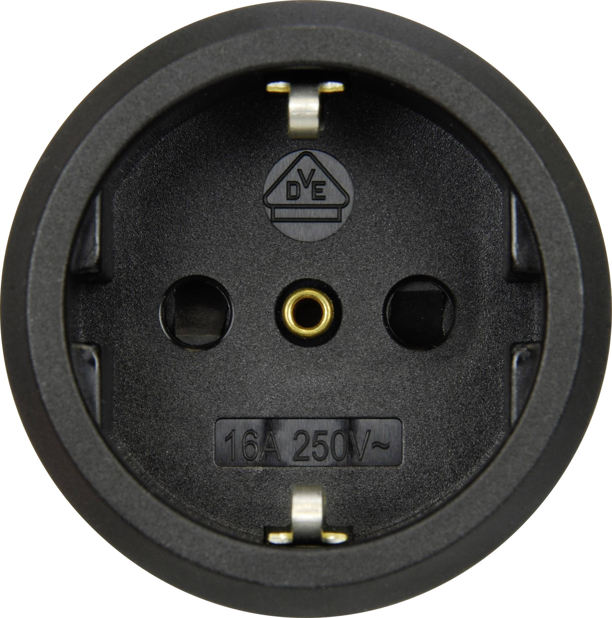 Round black socket, suitable for plugs with 16A and 250V. Inside, the mark 'D V E' can be found.