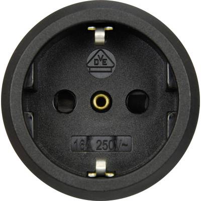 Round black socket, suitable for plugs with 16A and 250V. Inside, the mark 'D V E' can be found.