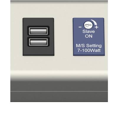 Two USB ports next to a sign reading 'Slave ON, M/S Setting 7-100 Watts'.