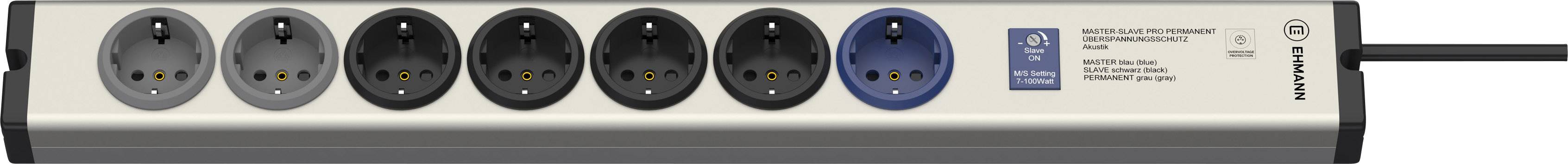 Power strip with six black and one blue socket, connected cable, labelled with logo and technical information.