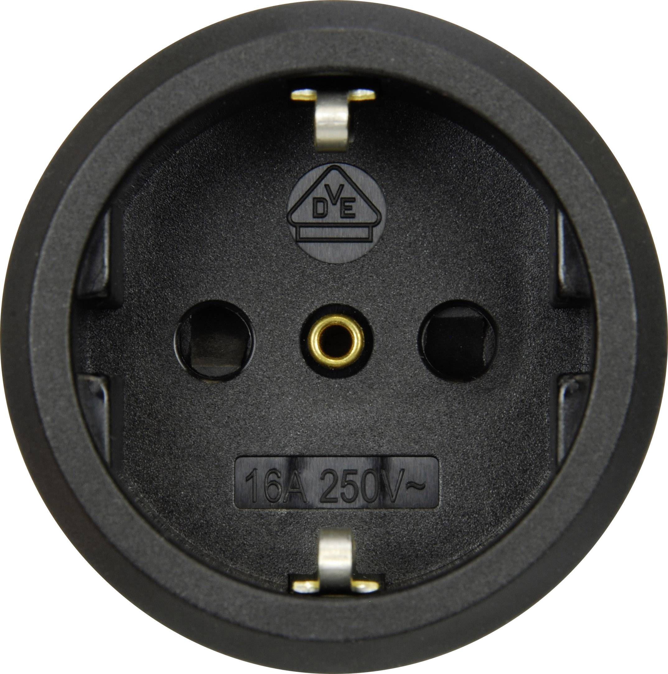 Black Schuko socket, round, with two plug holes and earth contact.