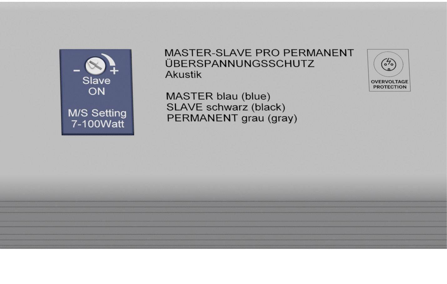 A device with labelling: 'MASTER-SLAVE PRO PERMANENT SURGE PROTECTION', colour coding for Master (blue), Slave (black), Permanent (grey).