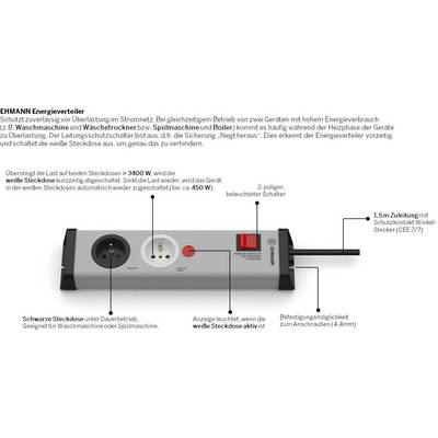 'EHMANN Energy Distributor, protects against overloading. Explains socket usage: black for continuous operation, white can be switched off.'