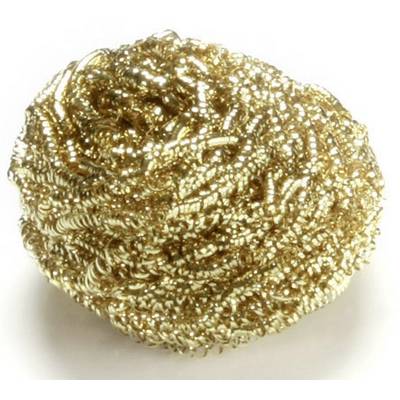 A gleaming gold-coloured cleaning pad made of metal wire, rolled into a loose spherical shape, is depicted.