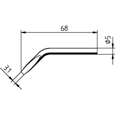 Technical drawing of a metal pipe with a 68 mm long section and a 5 mm diameter. Pipe is bent at a 3.1 mm angle.