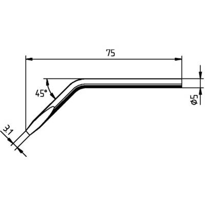 Technical drawing of a pipe with a 45-degree bend. Length 75 mm, diameter 5 mm, and point of curvature at 31 mm.
