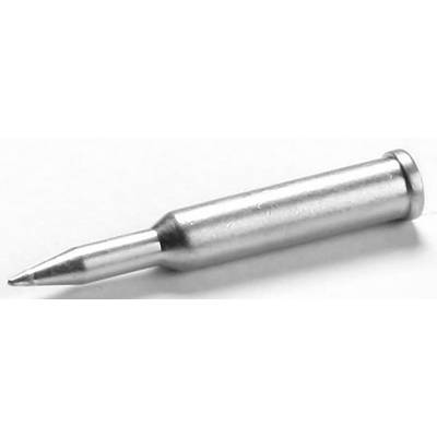 A silver-coloured, pointed soldering iron tip rests on a white surface.