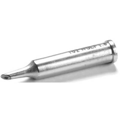 A metallic soldering tip is slightly angled to the left. It is conical and smooth, used for precise soldering work.