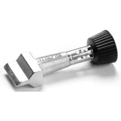A metal object with a flat, shovel-like tip and a ribbed black handle. It appears to be a tool or a fitting.