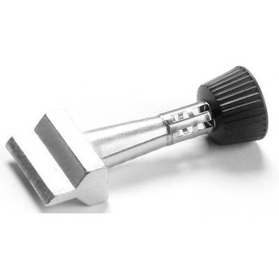 An adjustable vice in a silver colour with a black, knurled turning knob, likely for precision work.