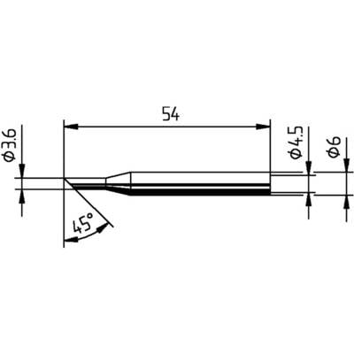 Technical drawing of a cylindrical object with the following dimensions: Total length 54 mm, diameter 3.6 mm, 4.5 mm and 6 mm, angle 45 degrees.