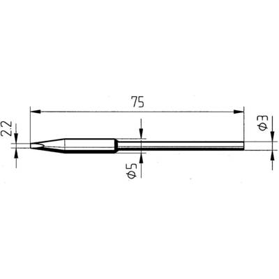 Technical Drawing of a Cylindrical Metal Pin with Length Specifications: 75 mm length, 5 mm and 3 mm diameter.