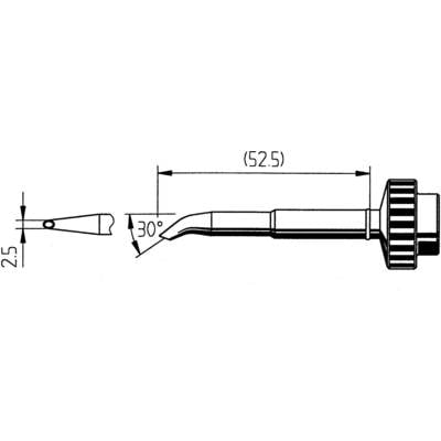 Drawing of a tool with a 90-degree angle and dimensions; length 52.5 mm, tip inclined at 30 degrees, height 2.5 mm.