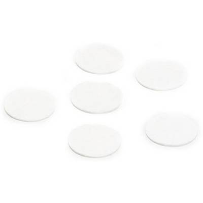 Six white, round felt discs on a white background.