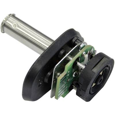 A cylindrical metal cylinder with a green circuit board mounted on top and a black plastic component. Electronic component.