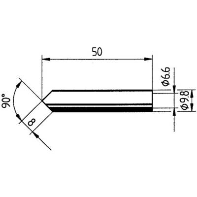 Technical drawing of a metal pin with dimensions: length 50 mm, diameter 6.6 mm, conical tip 90 degrees, steps 8 mm and 9.8 mm.