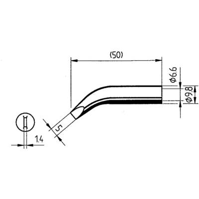 Technical drawing of a curved pipe with dimensions: Length 50 mm, diameter 6.6 mm and 9.8 mm, angle marking at 1.4 mm.