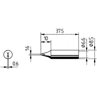 Technical drawing of a cylindrical object with dimensions: length 37.5 mm, diameter 6 mm and 8.5 mm, tip 0.6 mm thick.