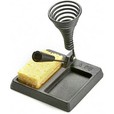 Soldering iron stand with sponge and spiral spring for secure placement of a soldering iron.