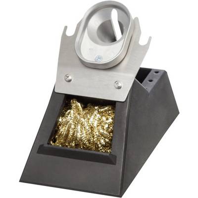 A black stand with a metallic holder keeps fine, gold-coloured metal shavings. Used for cleaning soldering irons.