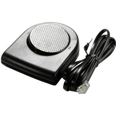 Black pedal switch with a textured circular area on the top surface, connected to a cable, used for controlling electronic devices.