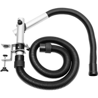 A flexible extraction arm with a clamp for attaching to a table edge, suitable for extracting smoke or dust particles.