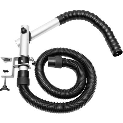 Black flexible extraction arm with a clamp for mounting on a surface, ideal for removing vapours or dust.