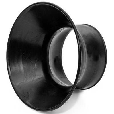 A black metal object with a wide, funnel-shaped structure and a narrow central section, resembling a Doppler horn.