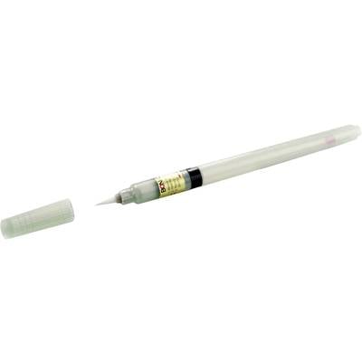 A transparent brush pen with the cap removed. The brush pen has a fine tip and is printed with Japanese characters.