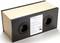Rectangular speaker with two round openings at the front, beige wooden casing, black border and printed sheet in the centre.