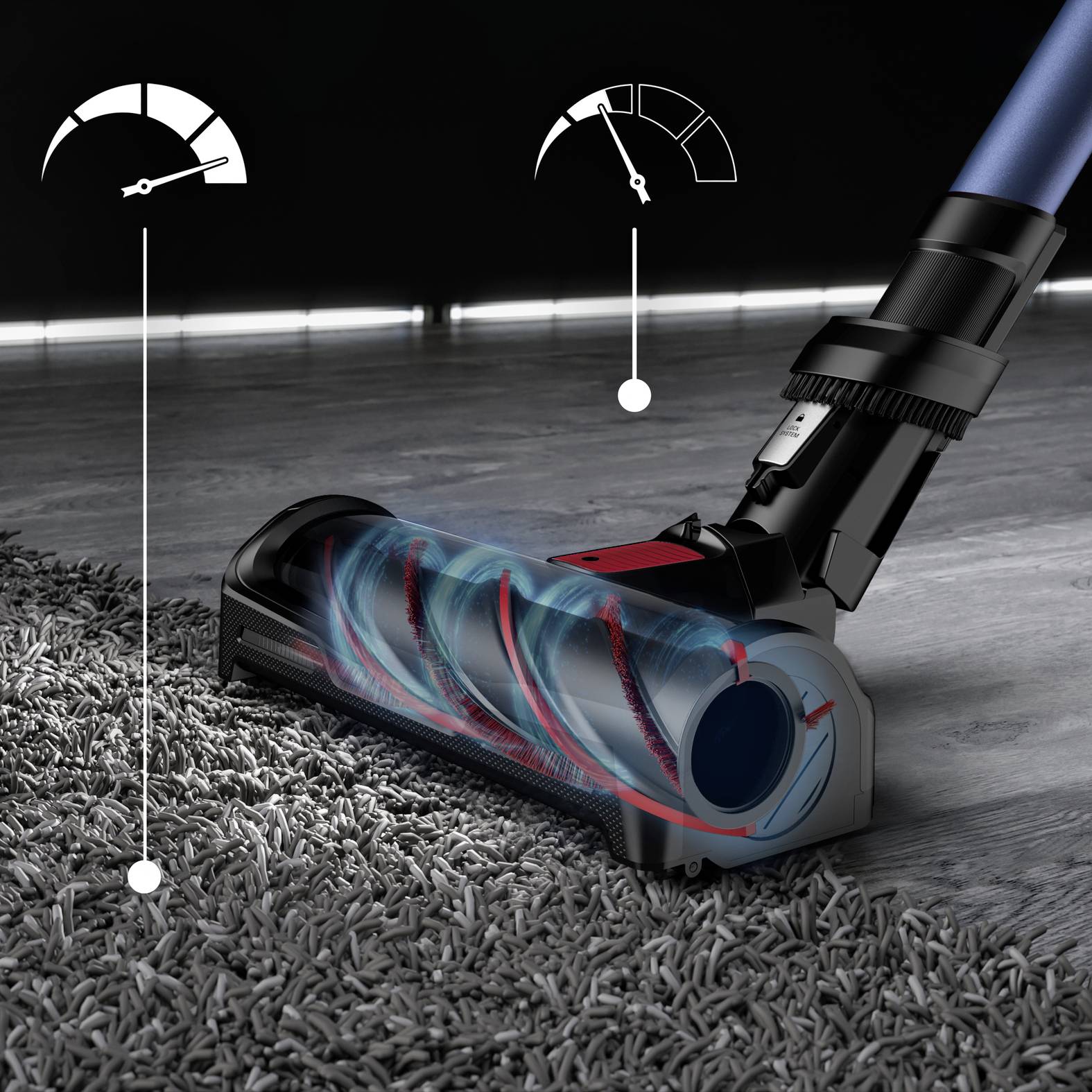 Vacuum cleaner head on carpet; shows powerful suction technology with graphics visualising efficiency and speed.