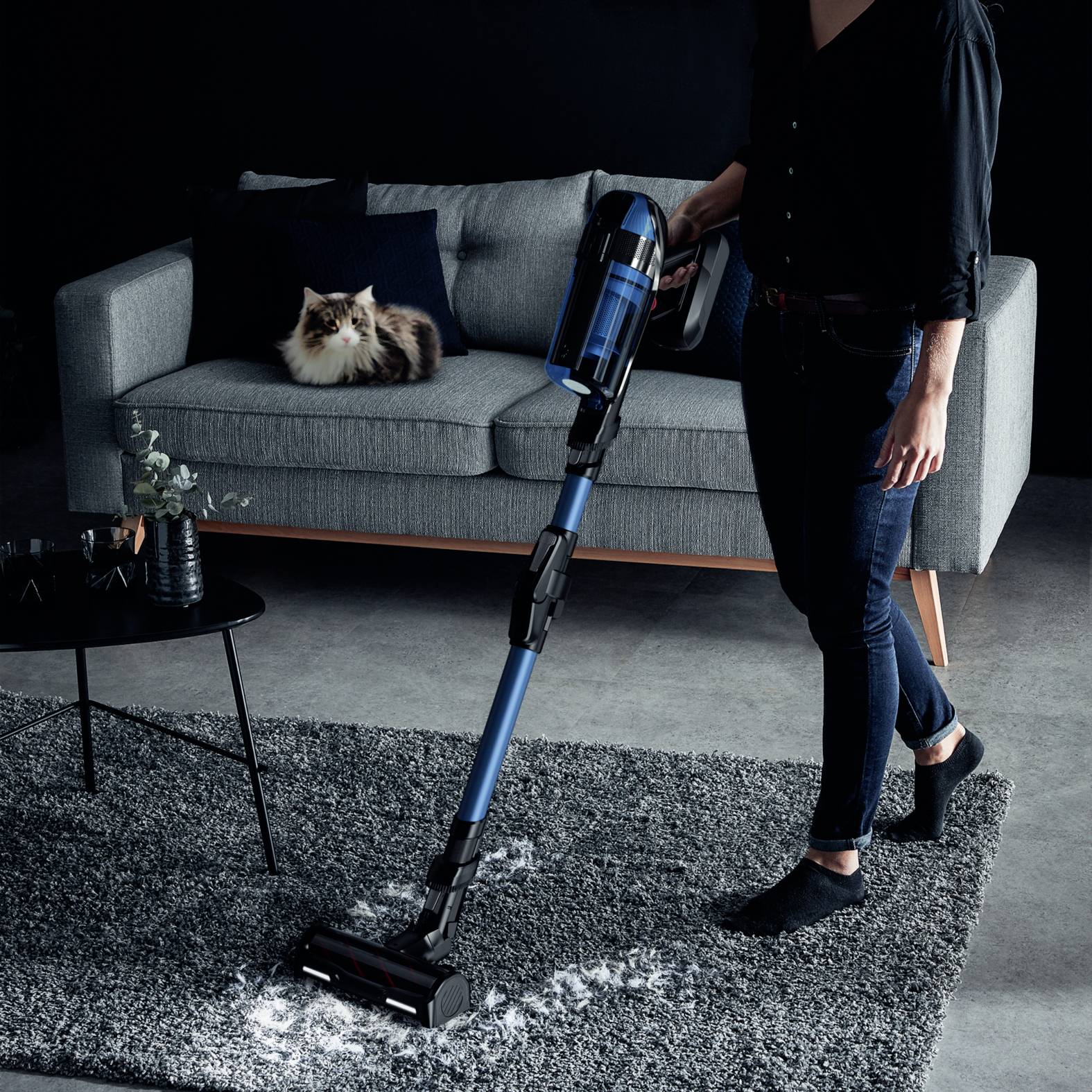 A person is vacuuming a carpet with a cordless hoover. A cat is sitting on a grey sofa in the background.