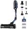 Cordless vacuum cleaner with blue casing and accessories: various nozzles, brushes, filters, and cleaning cloths. Ideal for versatile cleaning requirements.