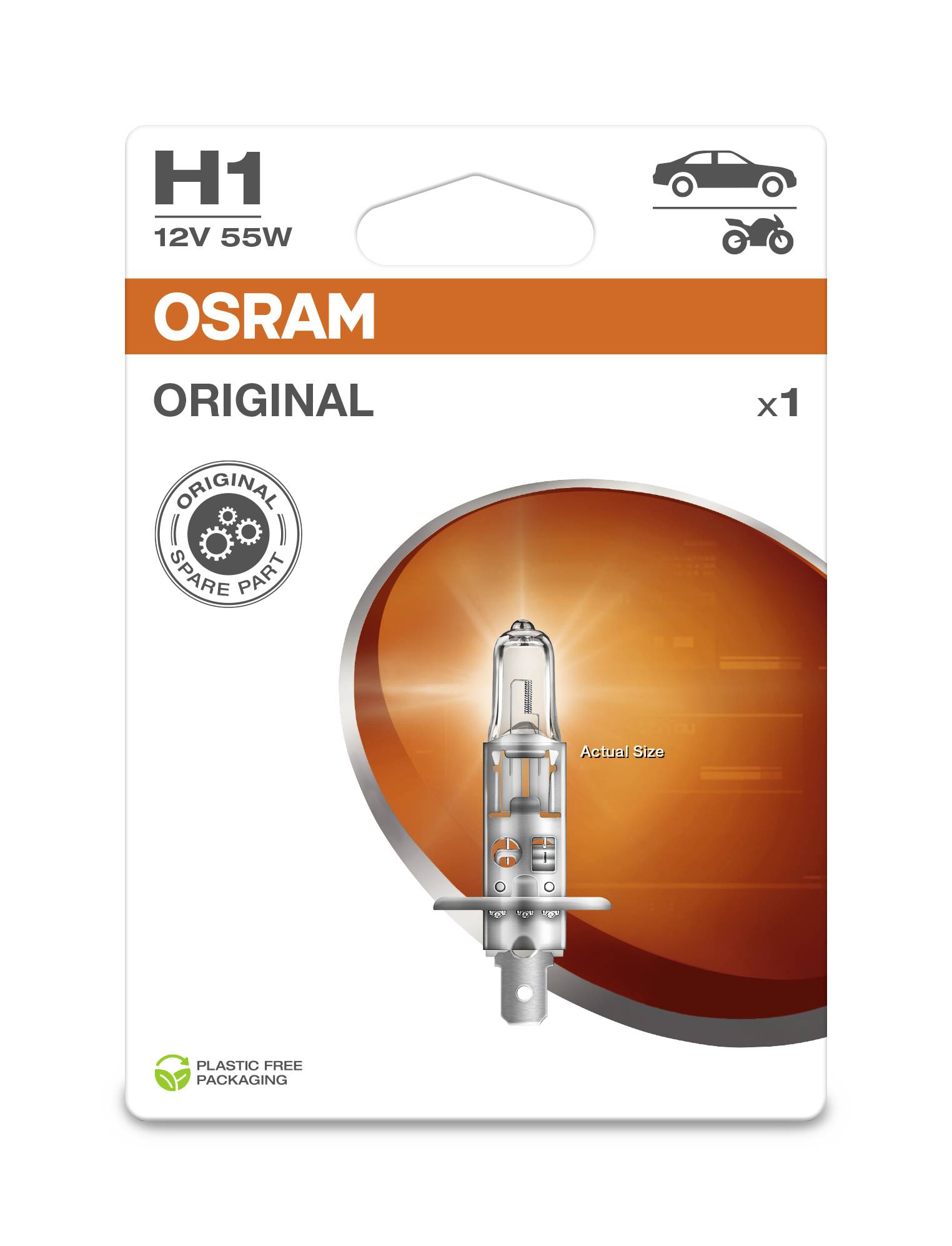 Packaging for an OSRAM H1 12V 55W Bulb. Symbols for car and motorcycle at the top. Text reading: 'ORIGINAL', 'ORIGINAL SPARE PART'. Packaging designed to minimise plastic use.