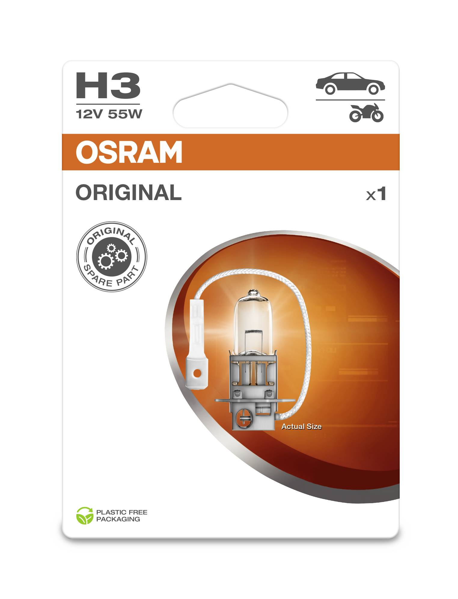 Packaging for an Osram H3 12V 55W bulb for vehicles, showing the lamp at its original scale. Plastic-free packaging.
