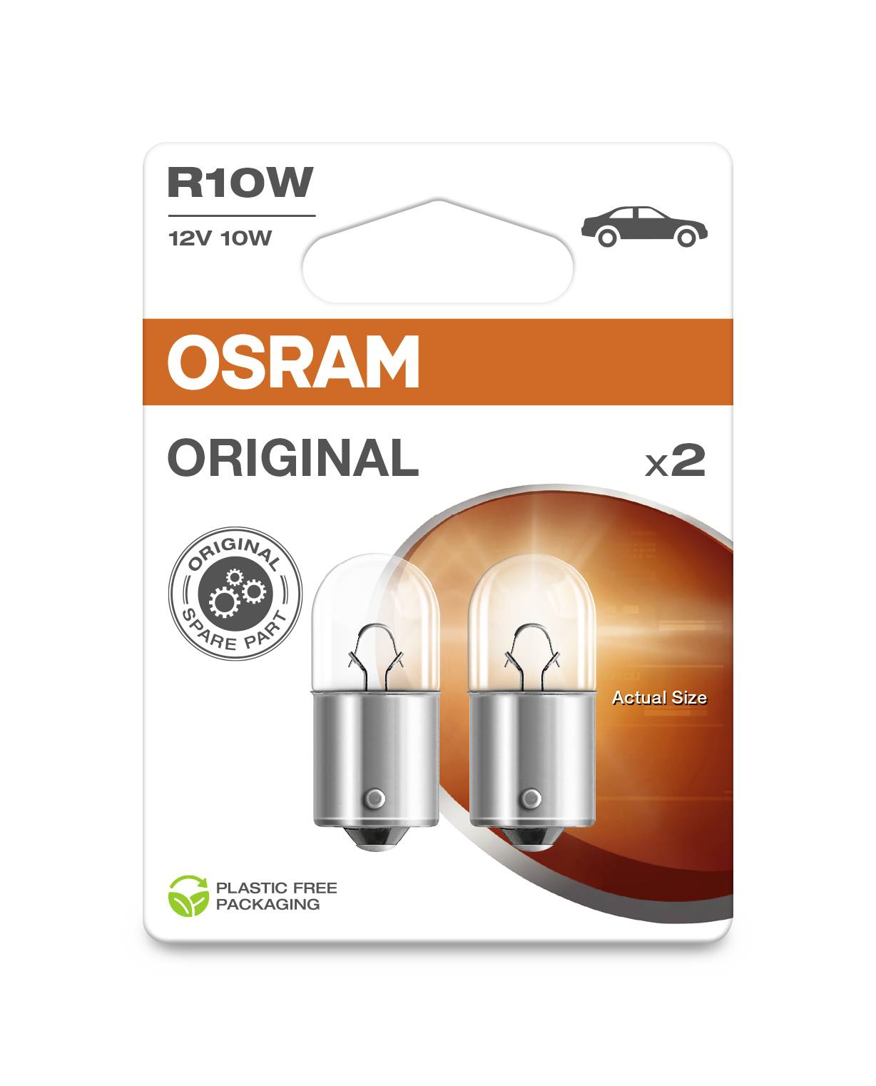 Packaging for automotive lamps by OSRAM, R10W, 12V 10W, 'Genuine Replacement Part', plastic-free packaging, two lamps pictured.