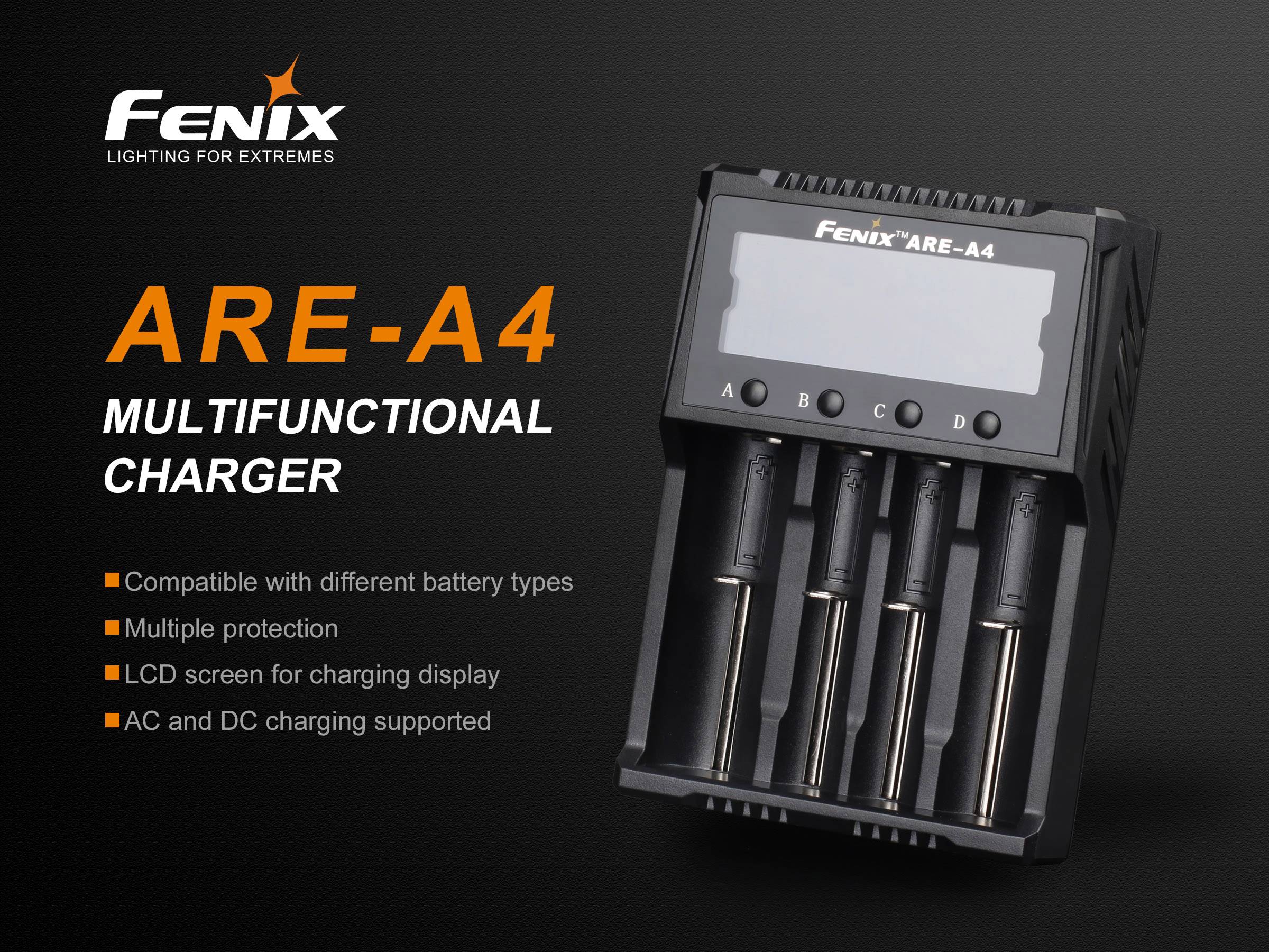 Fenix Light ARE-A4 Charger for cylindrical cells NiCd, NiMH, Li-ion 10340, 10350, 10440, 10500, 12500, 12650, 13500, 136-4
