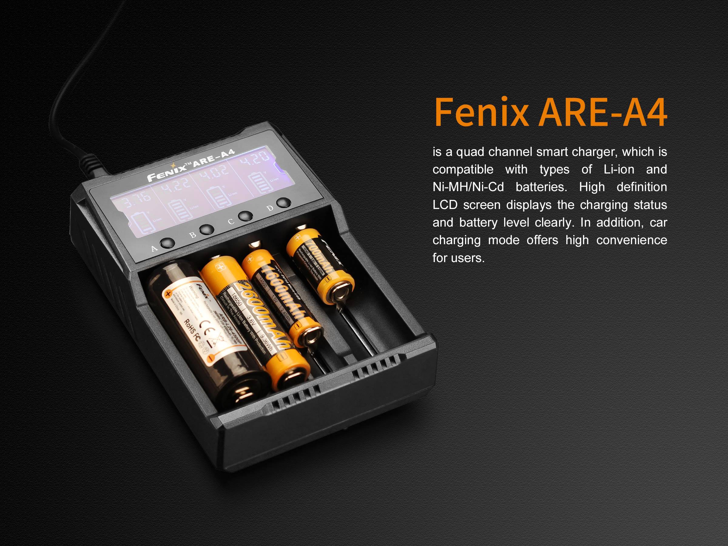 Fenix Light ARE-A4 Charger for cylindrical cells NiCd, NiMH, Li-ion 10340, 10350, 10440, 10500, 12500, 12650, 13500, 136-7