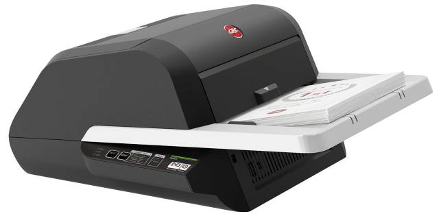 Black and white printer with logo on the top, paper output at the front.