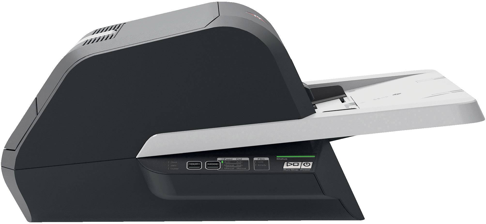 A side-view document scanner with an open paper tray, suitable for scanning multiple documents simultaneously.