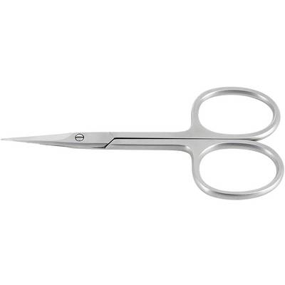 A silver nail scissors with narrow, pointed blades against a white background.