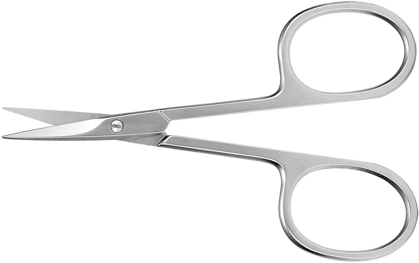 Silver nail scissors with rounded handles and sharp, slightly curved blades lie flat on a white background.