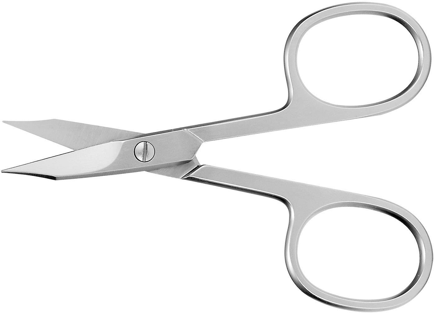 Silver nail scissors with curved blades and large, oval handles. Suitable for cutting nails or fine materials.