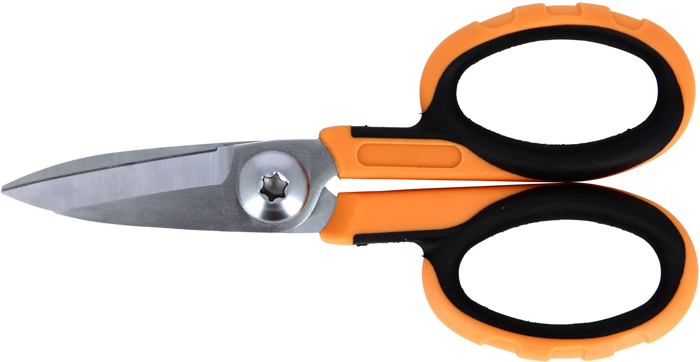 An orange and black pair of scissors, opened, rests on a white surface. The scissors have wide handle openings and sharp blades. Ideal for cutting firm materials.
