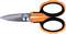An orange and black pair of scissors, opened, rests on a white surface. The scissors have wide handle openings and sharp blades. Ideal for cutting firm materials.