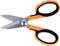 A pair of scissors with orange handles and a black cover, open.