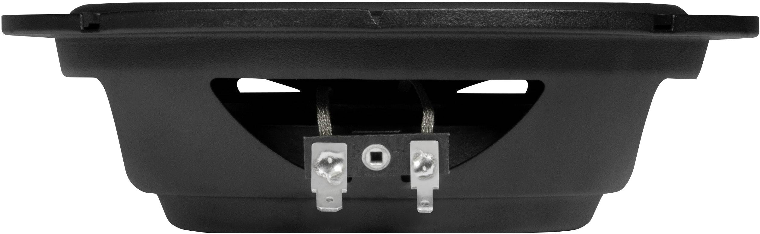 Side view of a speaker with visible connections. The speaker has a rectangular design and is black.