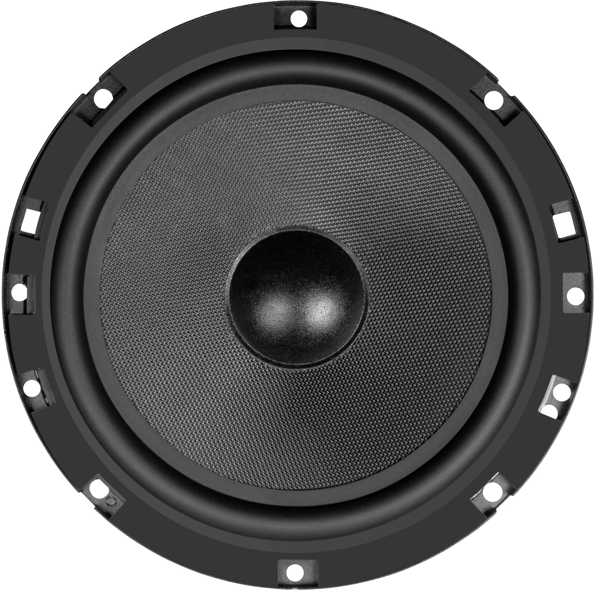 A single black speaker in close-up, centred on a white background.